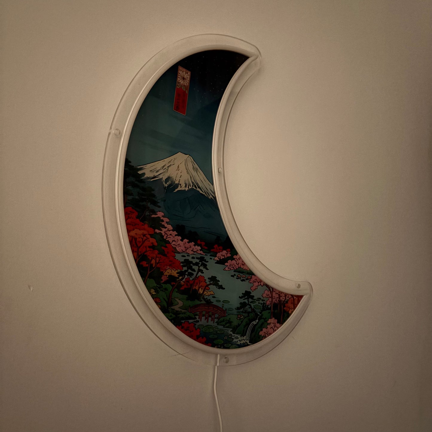 LED Sign Mount Fuji Crescent Moon, Ukiyo-e Inspired, Japan Wall art