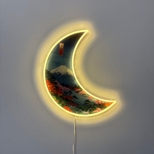 Mont Fuji Croissant de Lune, inspiré Ukiyo-e | Art mural néon LED