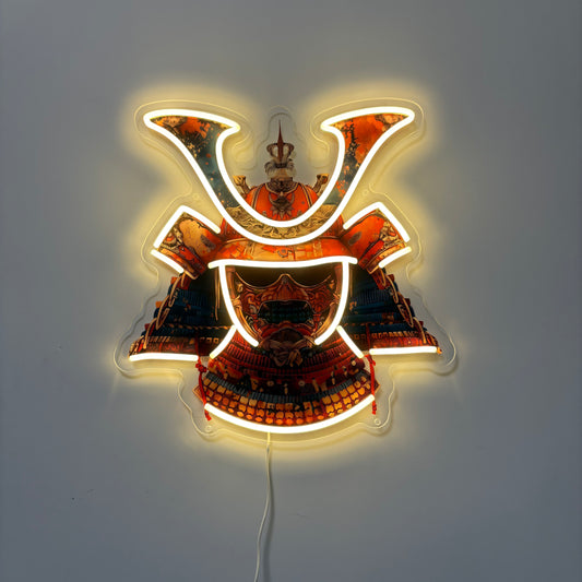 Casque de samouraï inspiré Ukiyo-e / Art mural néon LED
